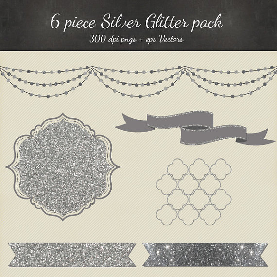 Silver Glitter Clipart Vector 8 Piece Pack   6 Designs Png Files   Eps