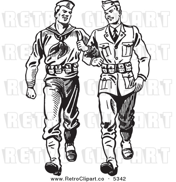 Vector Clipart Of Black And White Retro Soldiers Walking Arm In Arm By