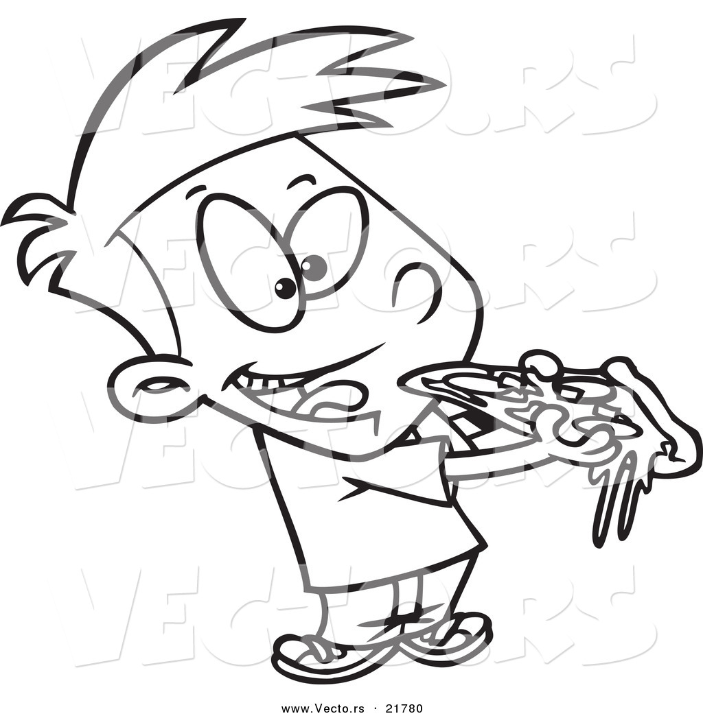 Vector Of A Cartoon Boy Eating Pizza   Outlined Coloring Page