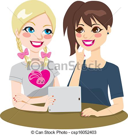 Clipart Of Tablet Teenage Girls Friends   Two Beautiful Teenage Girls