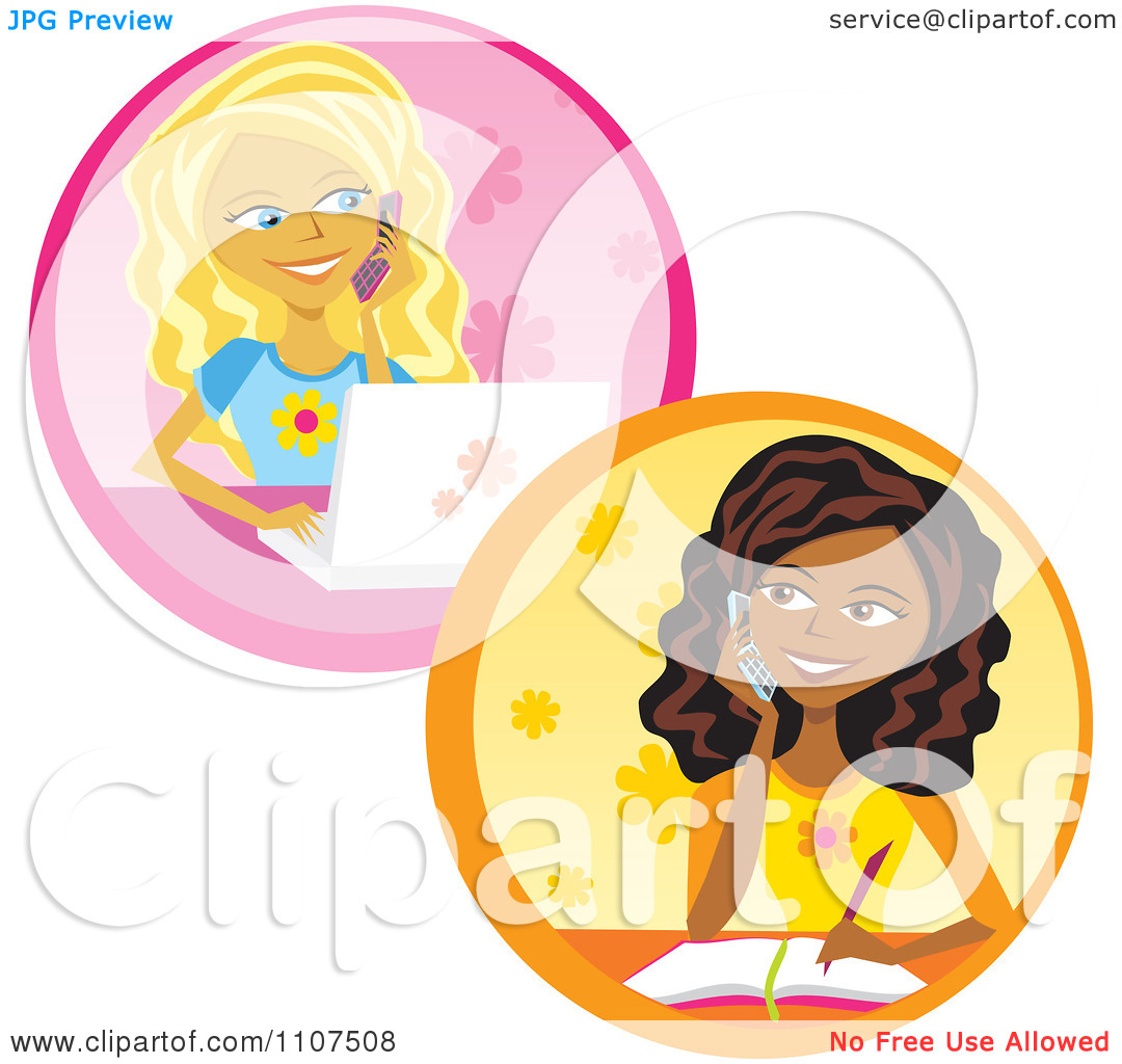 Clipart Teenage Girls Talking On Cell Phones Writing And Using A