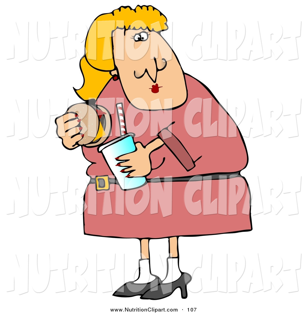 Fat Blond Woman Eating Cheeseburger And Drinking Soda Pop Clipart