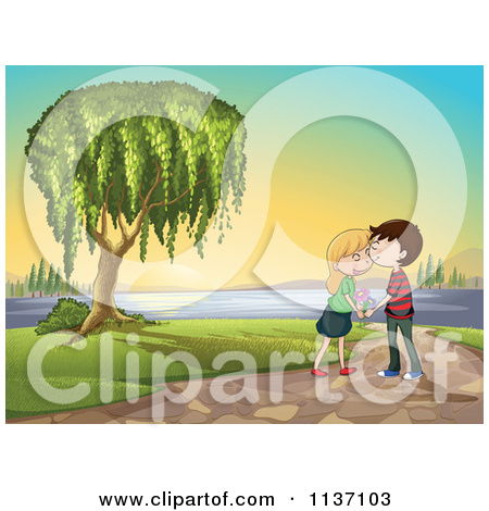     Her Tip Toes Kissing A Boy On The Cheek   Royalty Free Vector Clipart