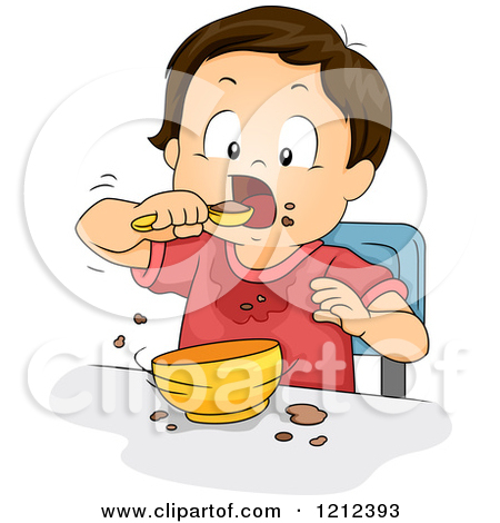 Messy Toddler Boy Eating From A Bowl   Royalty Free Vector Clipart    