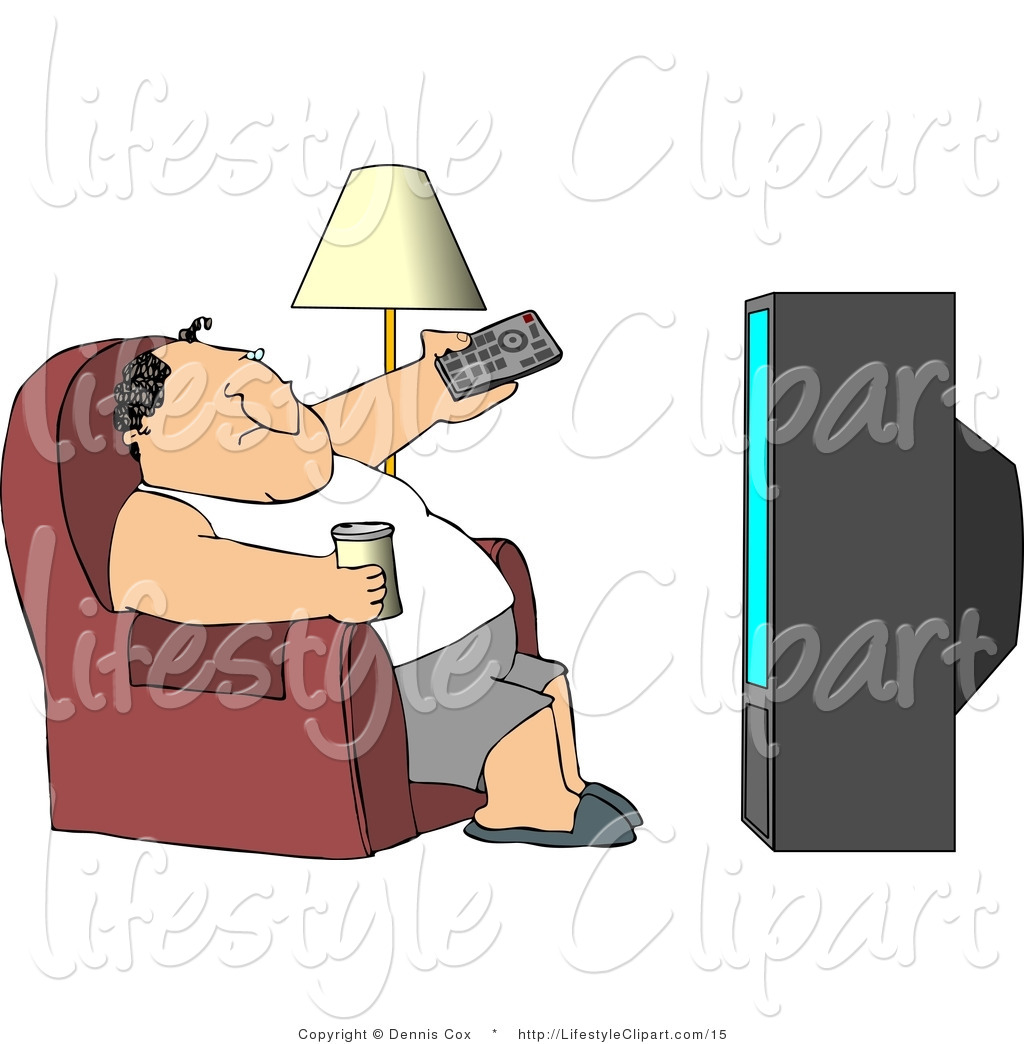 Lifestyle Clipart Of A Lazy Man Watching Tv And Using A Remote