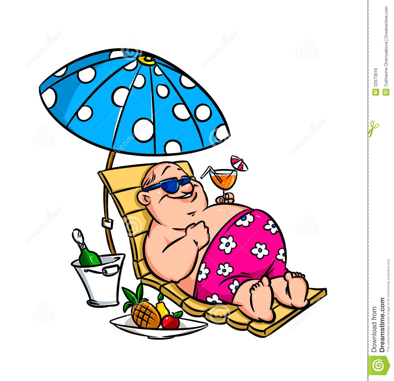 Relax On The Beach Hawaii Fat Man Sunbed Isolated Illustration Cartoon