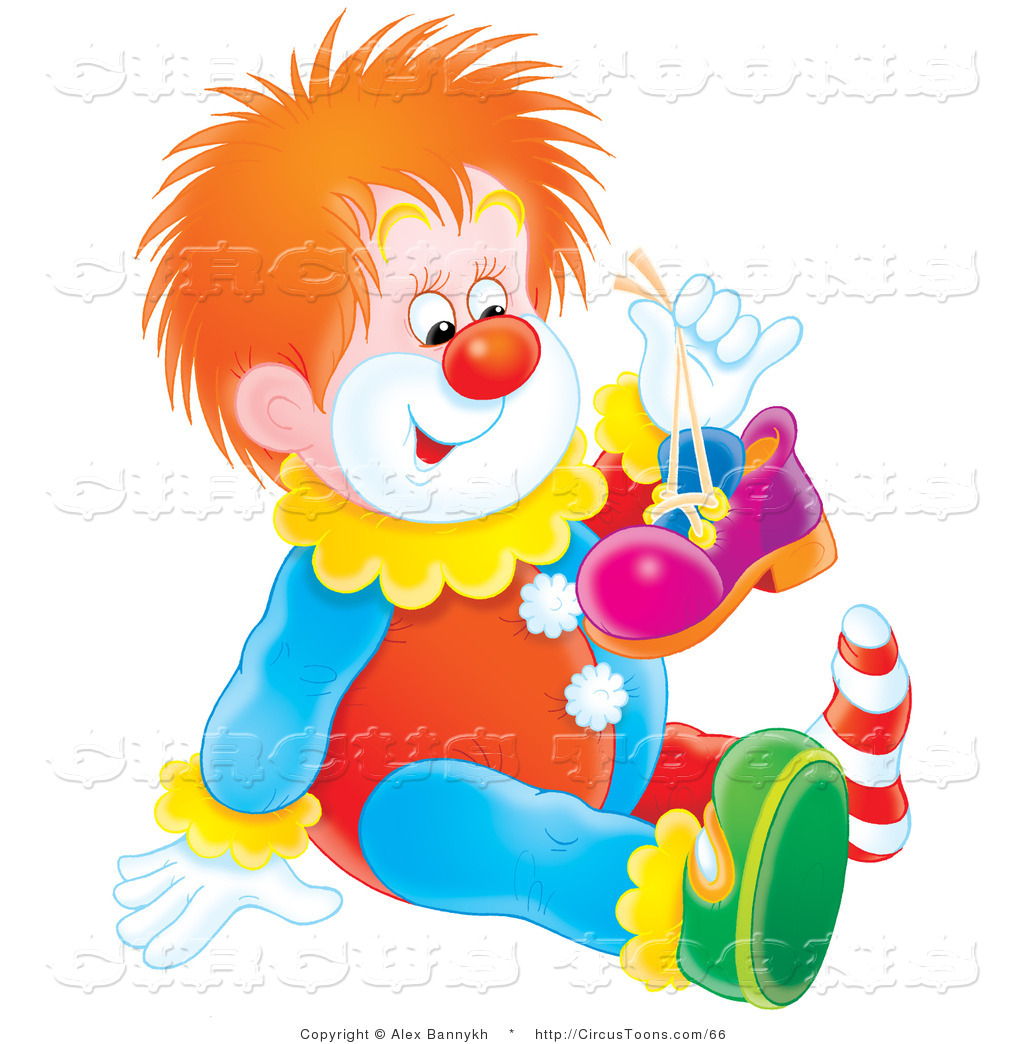 Circus Clipart Of A Cute Red Haired Clown Holding Up One Of His Purple