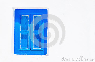 Iconic Blue Wooden Window Against Clear White Wall  Typical View For