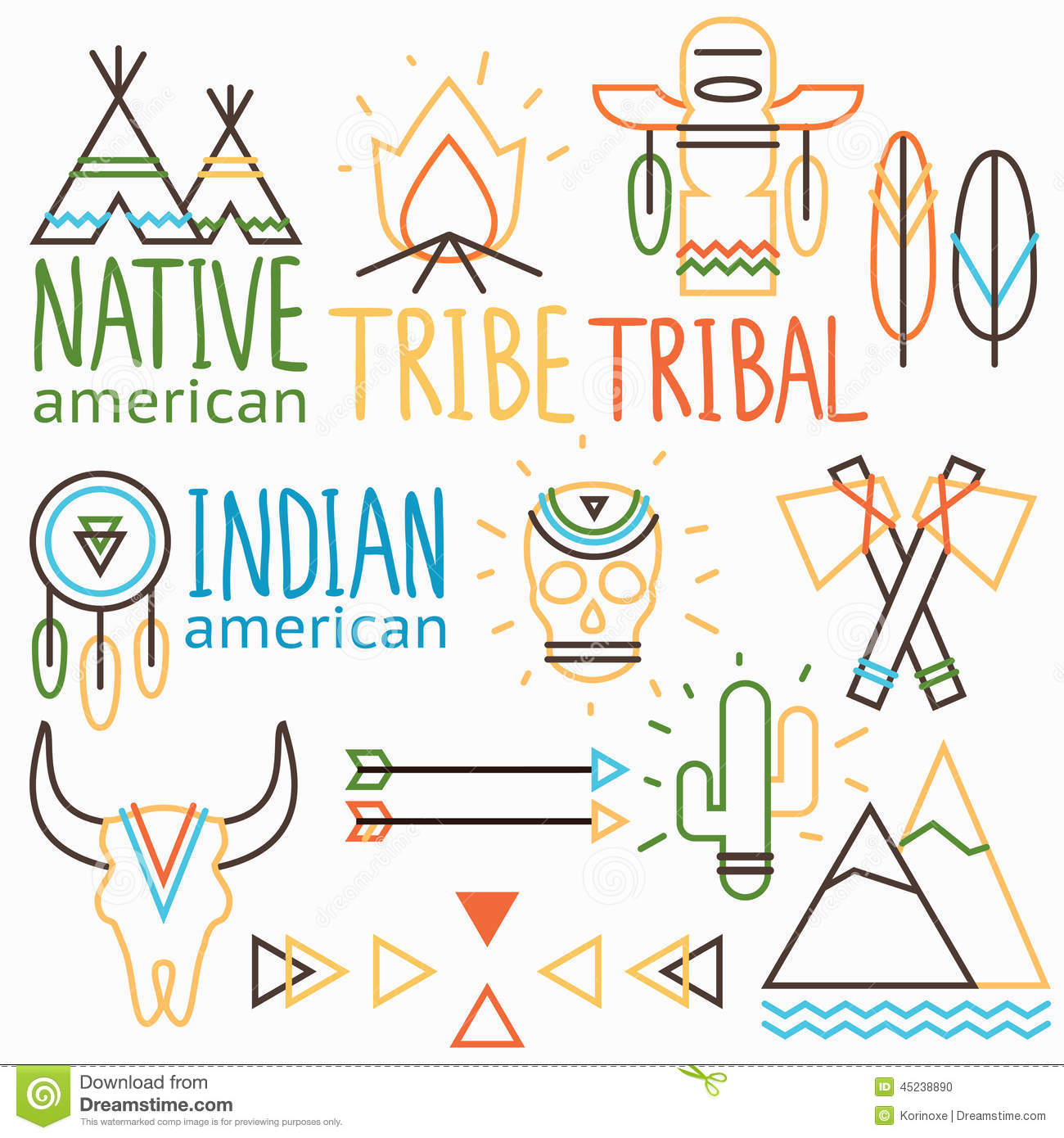Vector Outline Tribal Labels Set Native Indian American Symbols    