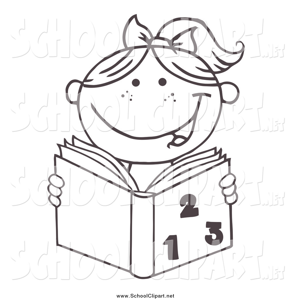 Art Of A Black And White Happy Girl Reading A Math Book By Hit Toon