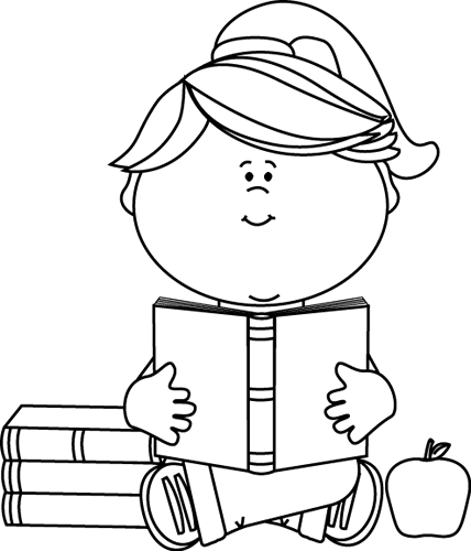 Black And White Little Girl Reading A School Book Clip Art   Black And