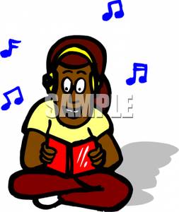 Black Girl Reading And Listening To Music   Royalty Free Clipart