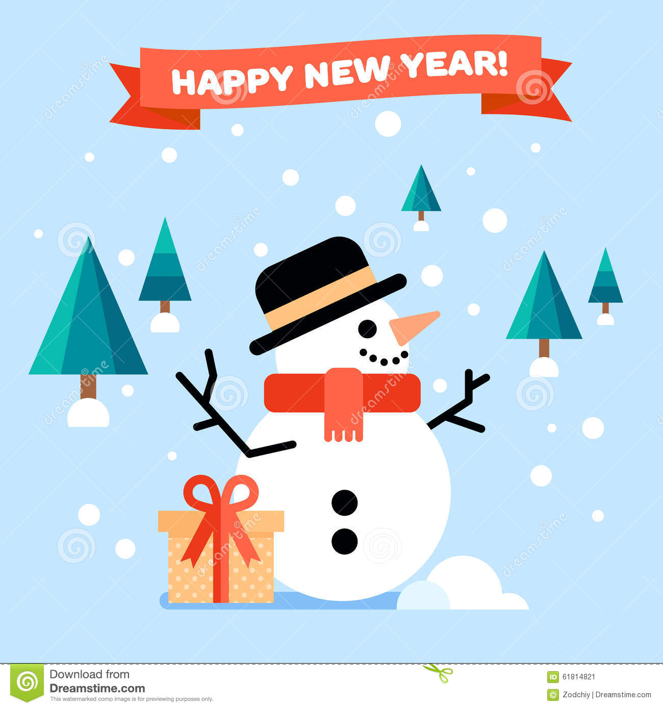 Card With Snowman And Trees On A Back  Vector Flat Illustration