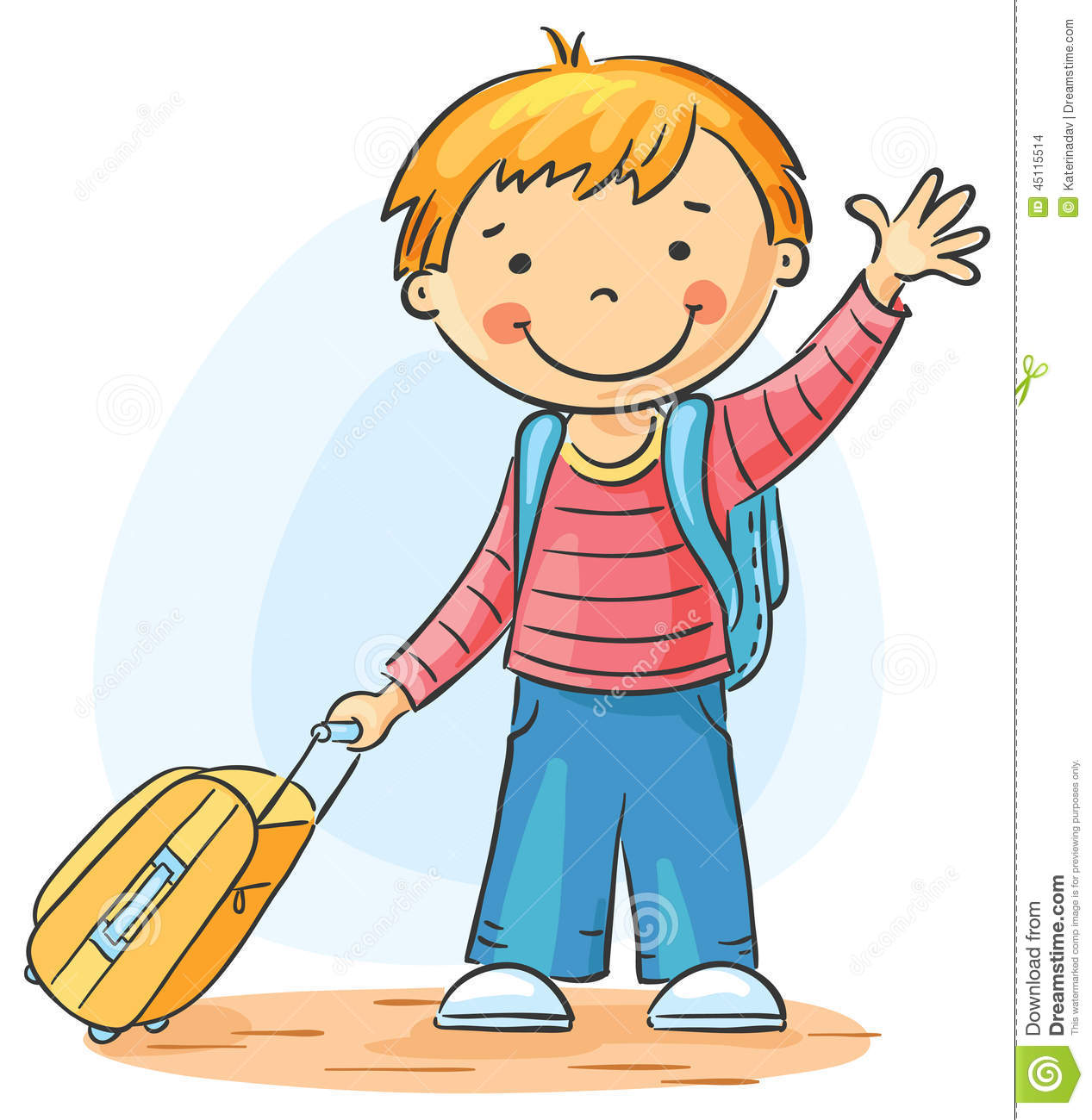 Child With A Suitcase And Backpack Is Leaving And Waving Goodbye