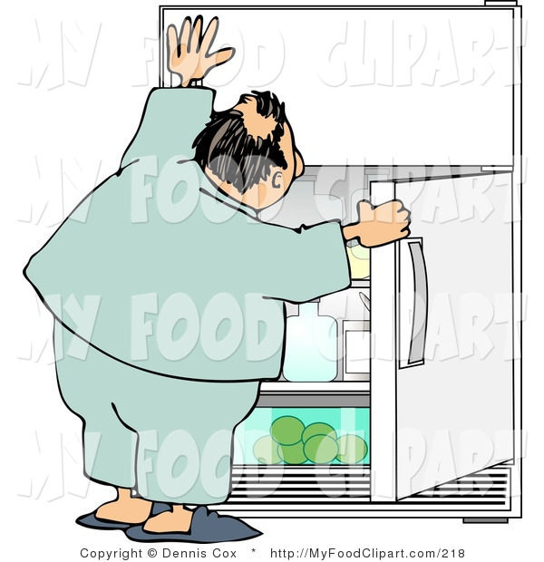 Food Clip Art Of A Humorous Obese Man In Pajamas Looking For Something
