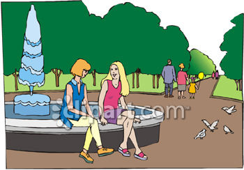 People In A City Park By A Fountain   Royalty Free Clipart Picture