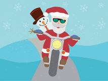 Retro Santa Claus On Motorcycle With Snowman Flat Stock Image
