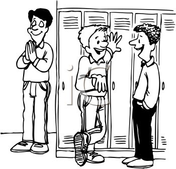 Black And White Cartoon Of Kids Talking By Lockers With One Boy    