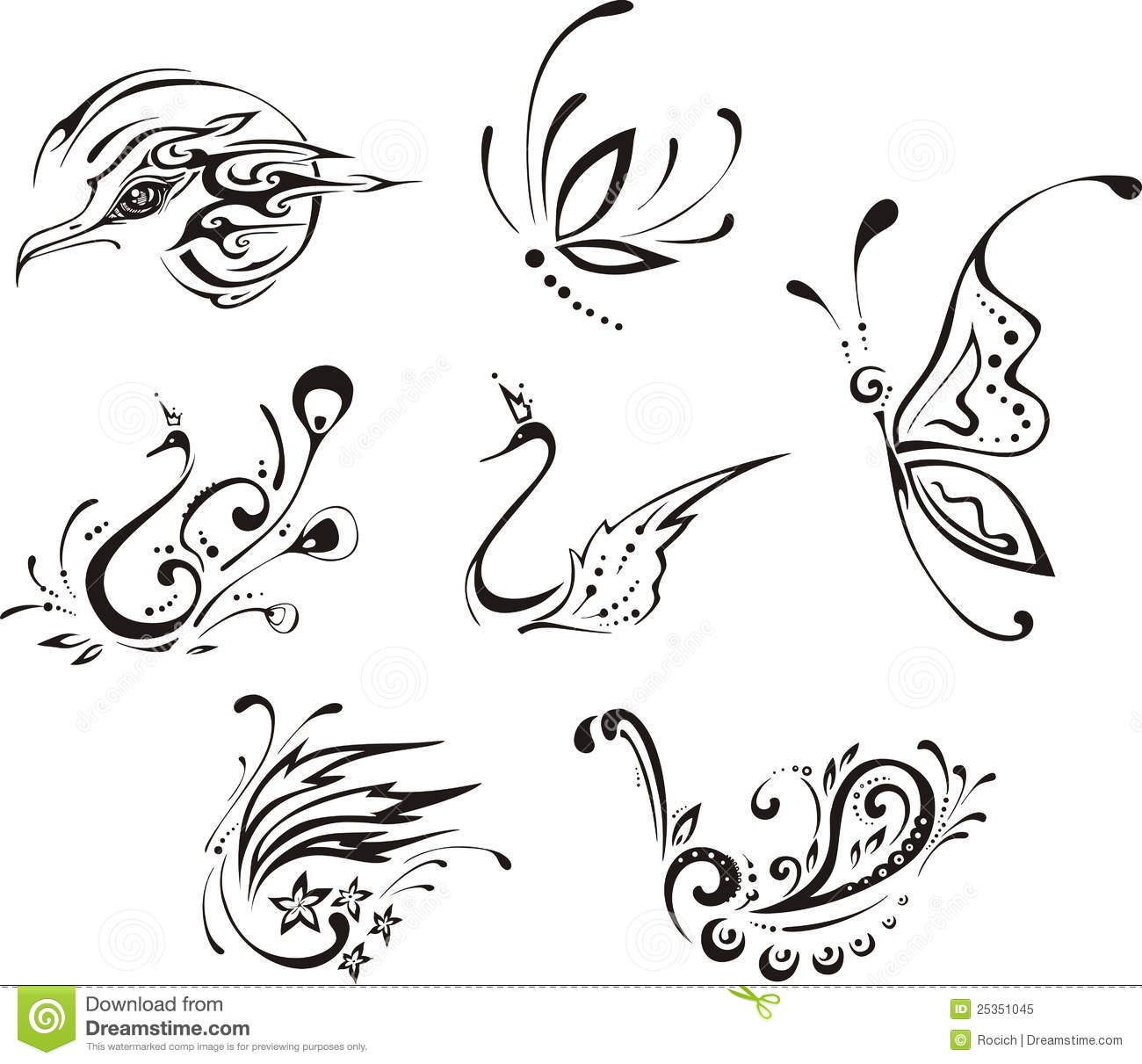 Butterflies And Birds Set Of Black And White Vector Illustrations