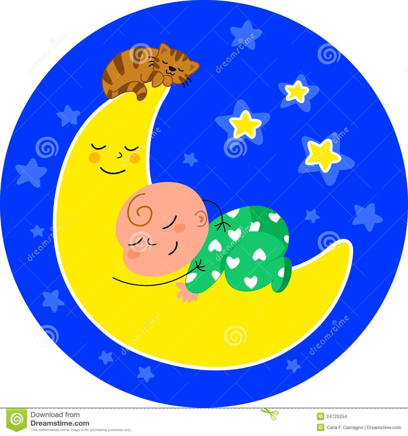 Cute Baby Sleeping On The Moon With Little Cat  Cartoon Illustration