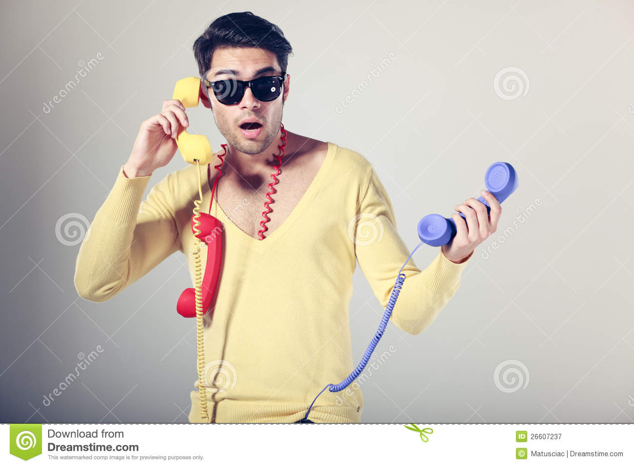     Free Stock Photography  Funny Call Center Men With Colorful Phones