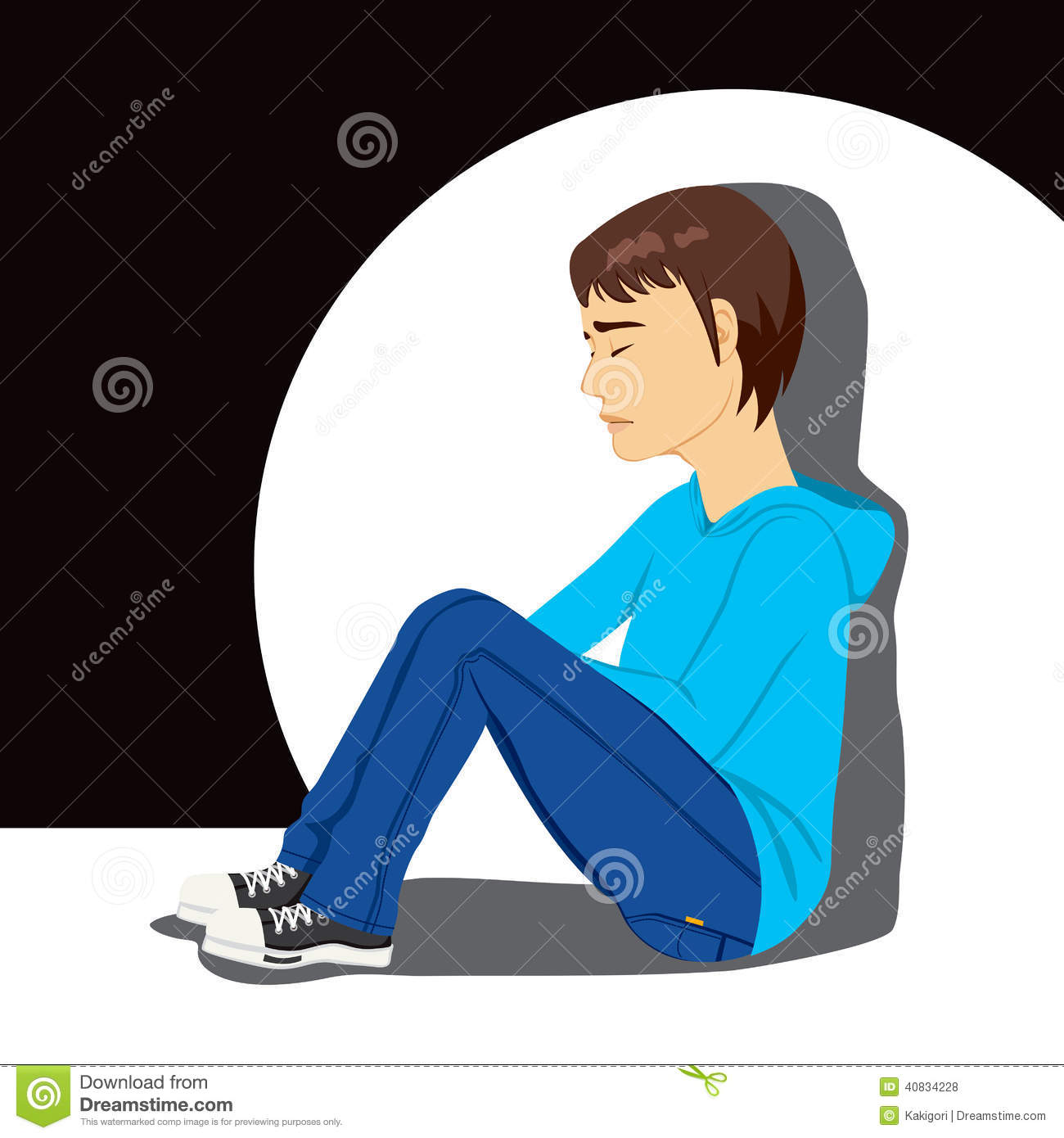 Sad Teenager Boy Crying Sitting On Floor Under White Spot Light On