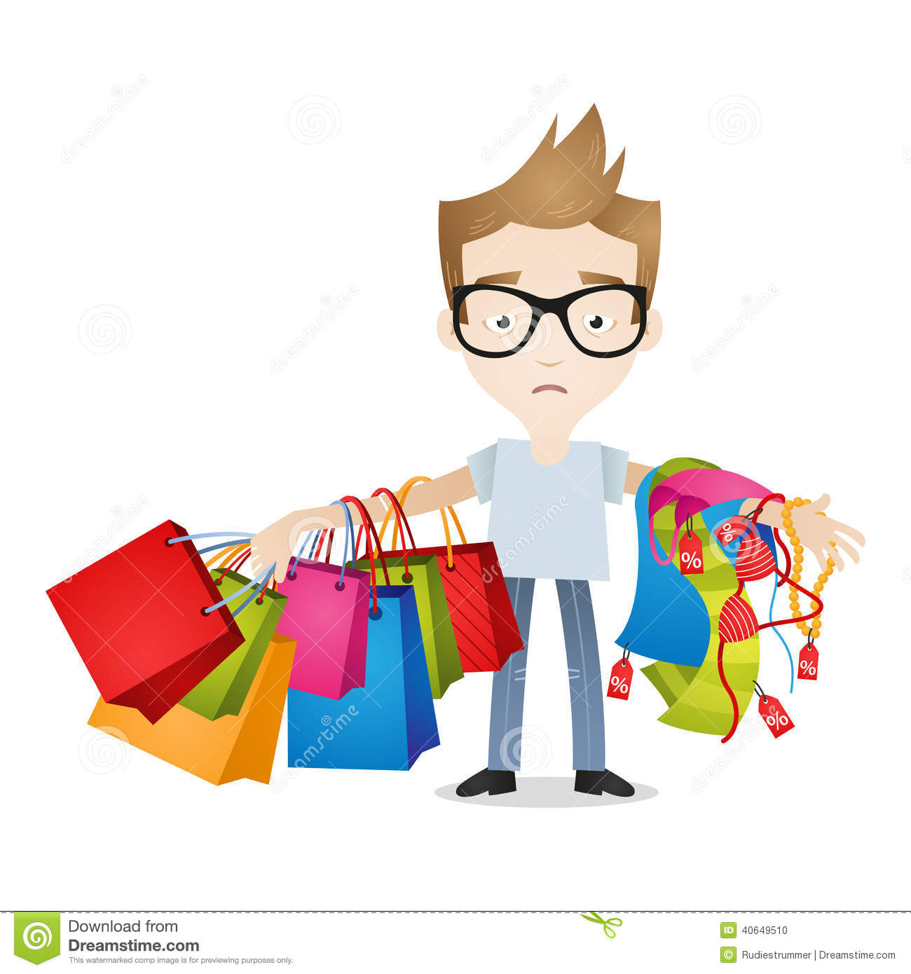 Tired Looking Man Holding Lots Of Shopping Bags And Women S Clothes