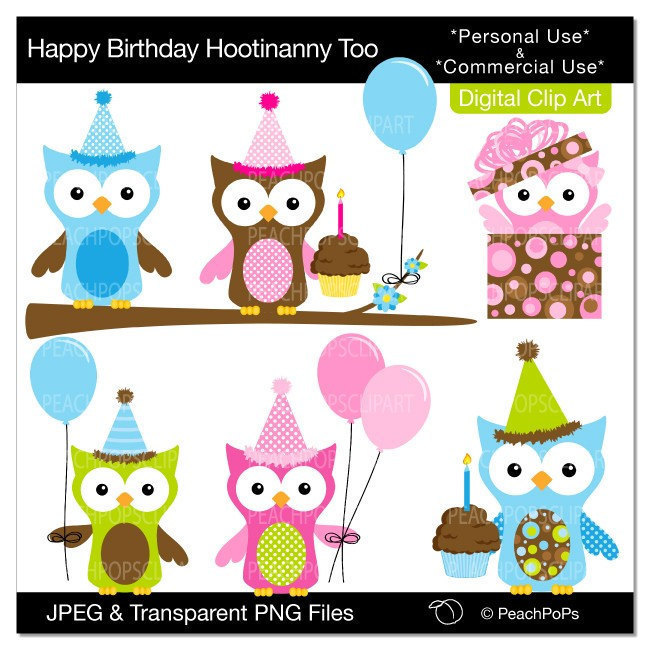 Birthday Owl Clip Art Digital Clipart Animal By Peachpopsclipart