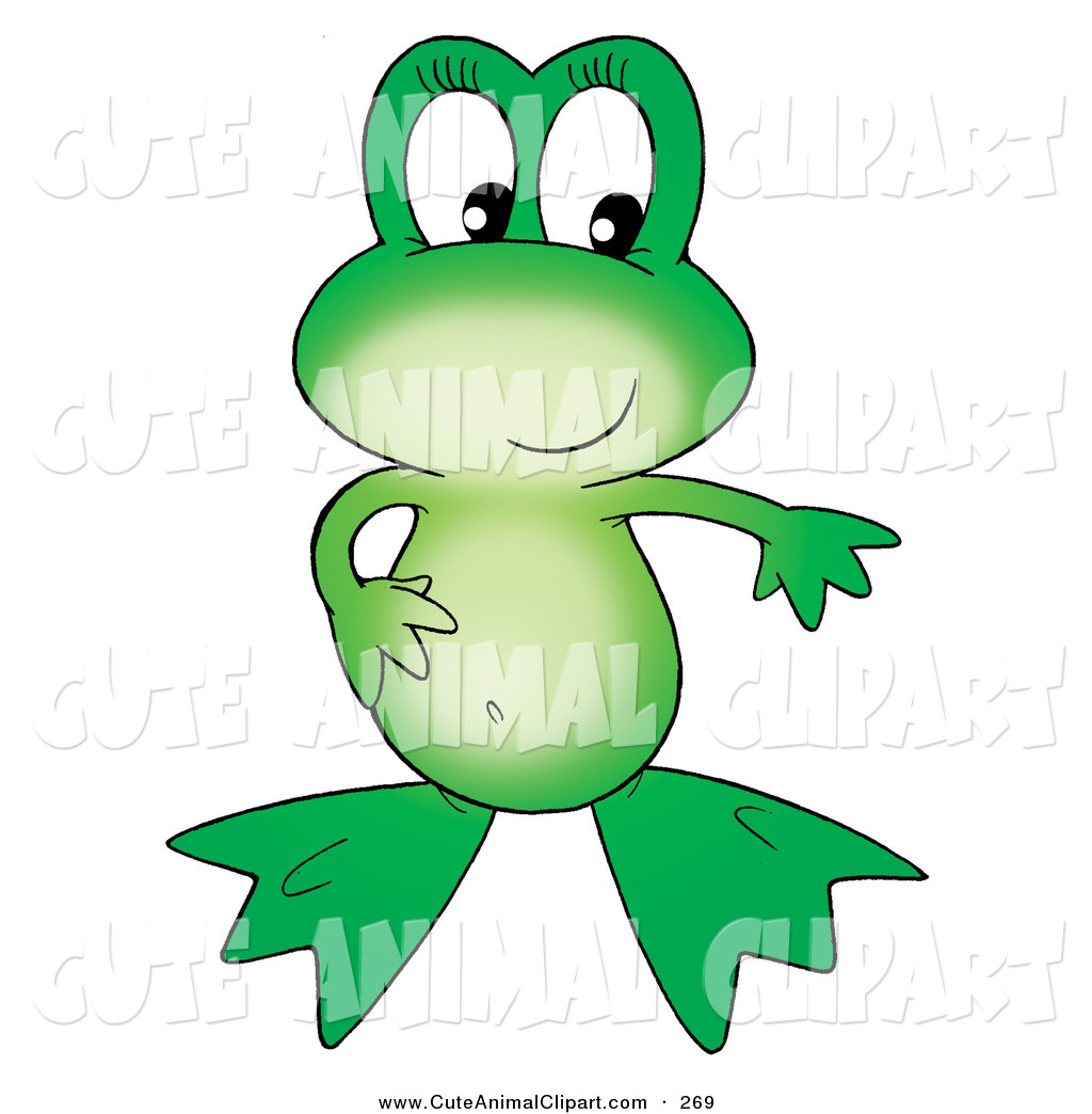 Larger Preview  Clip Art Of A Cute Green Smiling Frog With One Hand On
