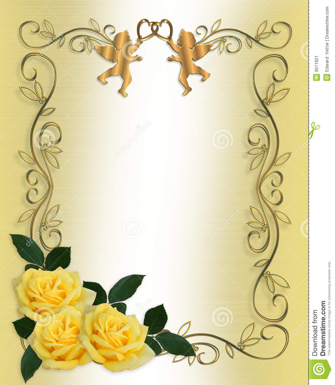 Party Invitation With Yellow Roses Gold Frame Cherubs Copy Space