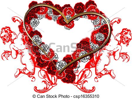 Vector   Red Roses Heart And Two Angels  Vector Illustration    Stock