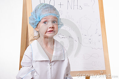 Three Year Old Girl Chemist Standing At Blackboard Robe