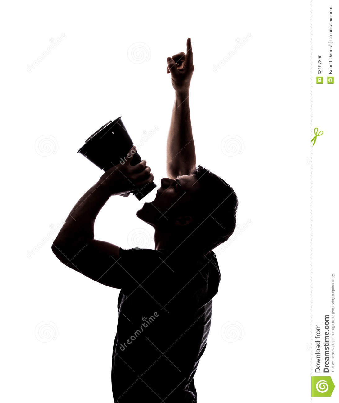 Man Yelling In A Megaphone In Silhouette Isolated Over White