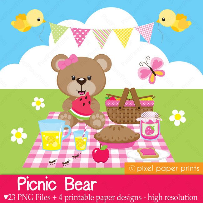 Picnic Bear   Digital   Clip Art And Digital Paper Set