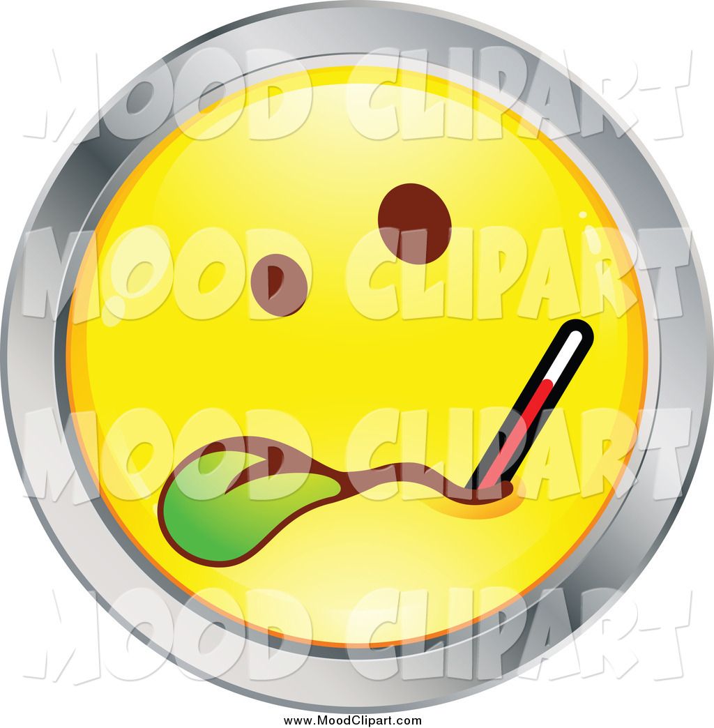 Sick Yellow And Chrome Cartoon Emoticon Face With A Thermometer By