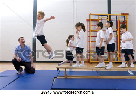 Stock Photography Of Gym Teacher Watching School Boy Jump Off Bench In