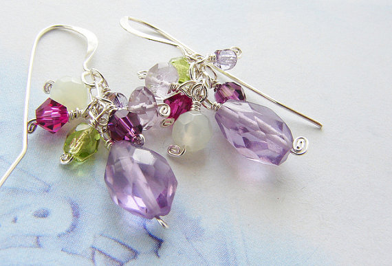 Velvet Purple Stones Clustered Earrings Amethyst Purple Pink Crystals