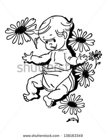 Baby With Flowers   Retro Clip Art Illustration   Stock Vector