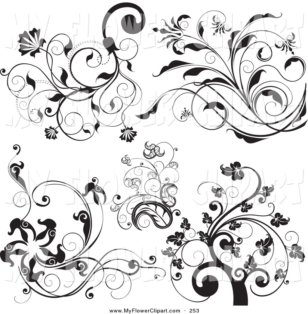Clip Art Of A Set Of Black And White Trees And Elegant Vined Flowers    