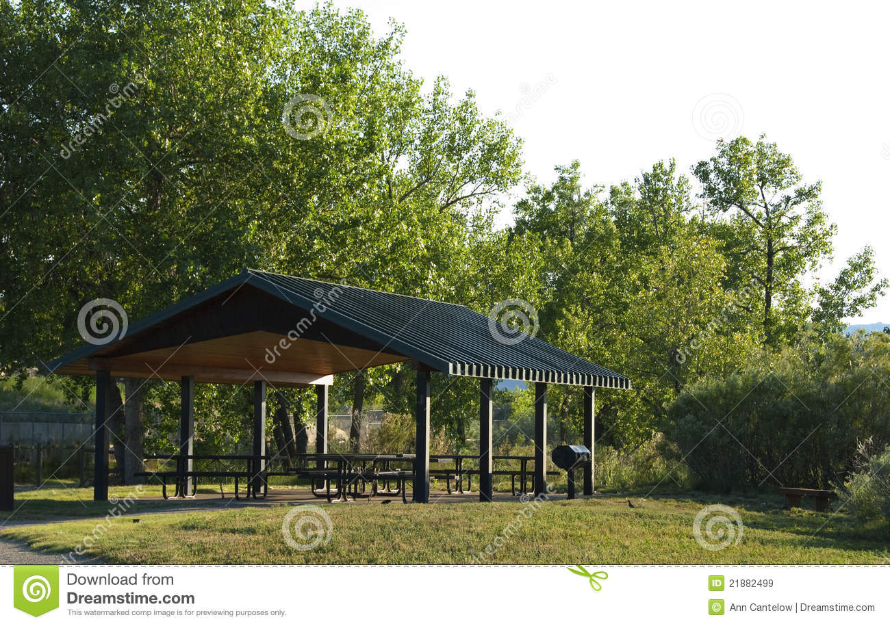 Public Picnic Table With Shelter Roof And Room For A Large Group In An