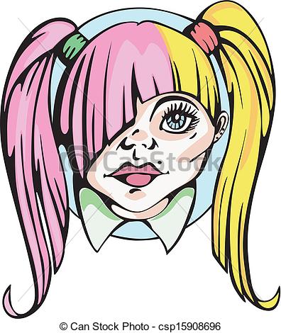 Round Portrait Of Young Cute Girl With Pigtails  Colorful Vector