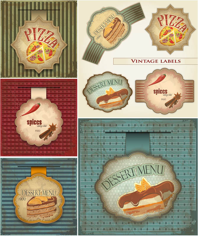 Set Of 8 Vector Vintage Food Labels Tags Frames Or Stickers For