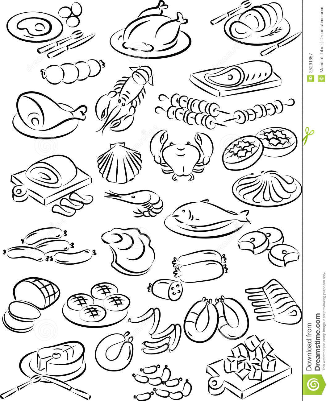 Vector Illustration Of Meat Collection In Black And White