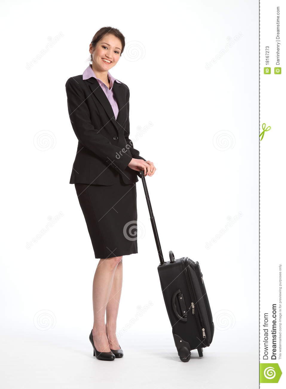 Woman With Big Cheerful Smile Standing With A Black Suitcase Woman Is