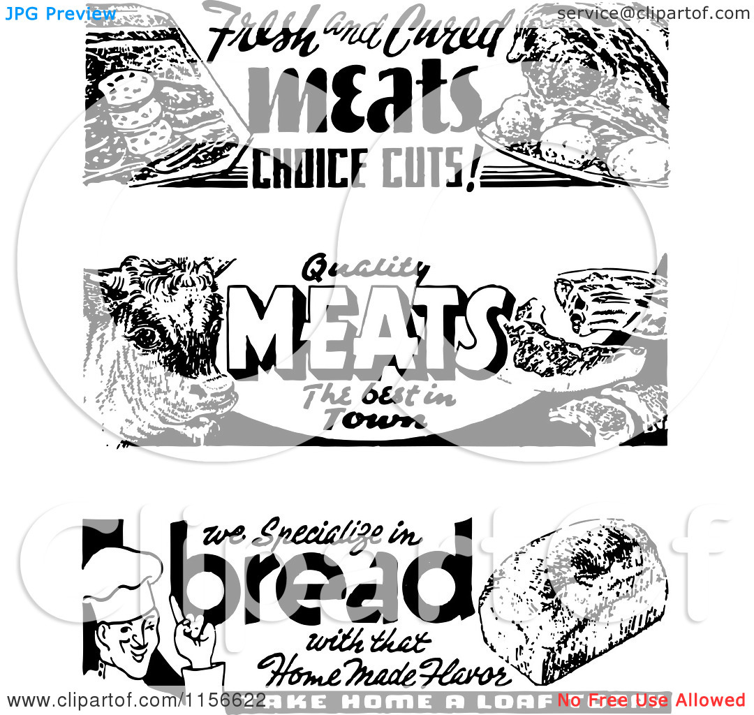 Clipart Of Black And White Retro Bread And Meat Grocery Signs    