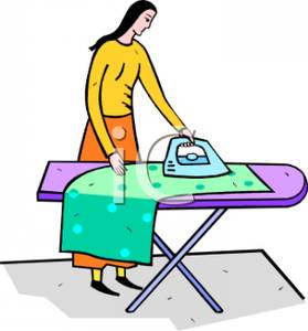 Colorful Cartoon Of A Woman Ironing   Royalty Free Clipart Picture