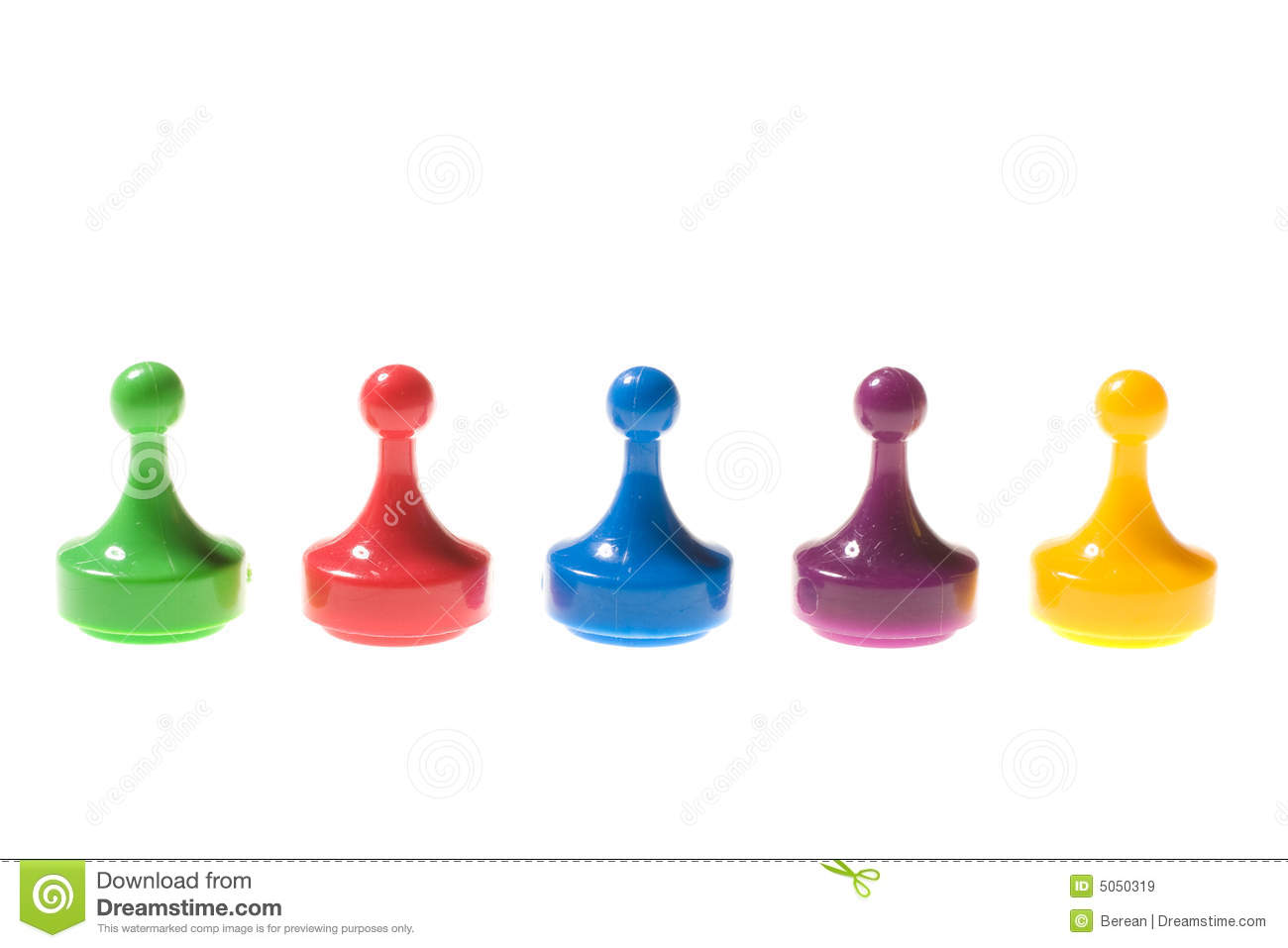 Five Colored Game Pieces Isolated On A White Background In A Line