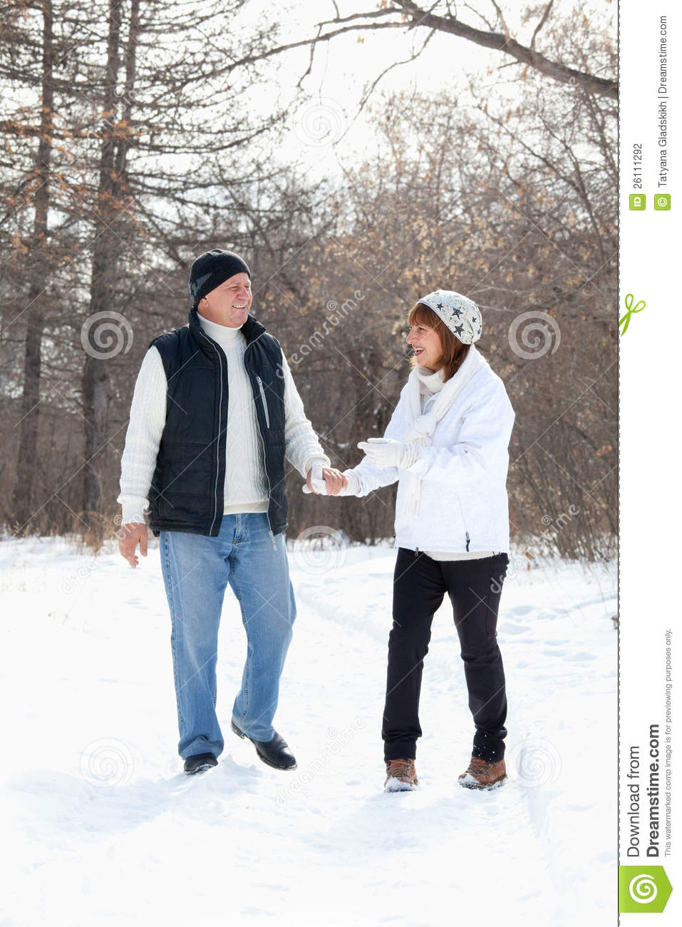 Happy Seniors Couple Walking In Winter Park Stock Photography   Image    