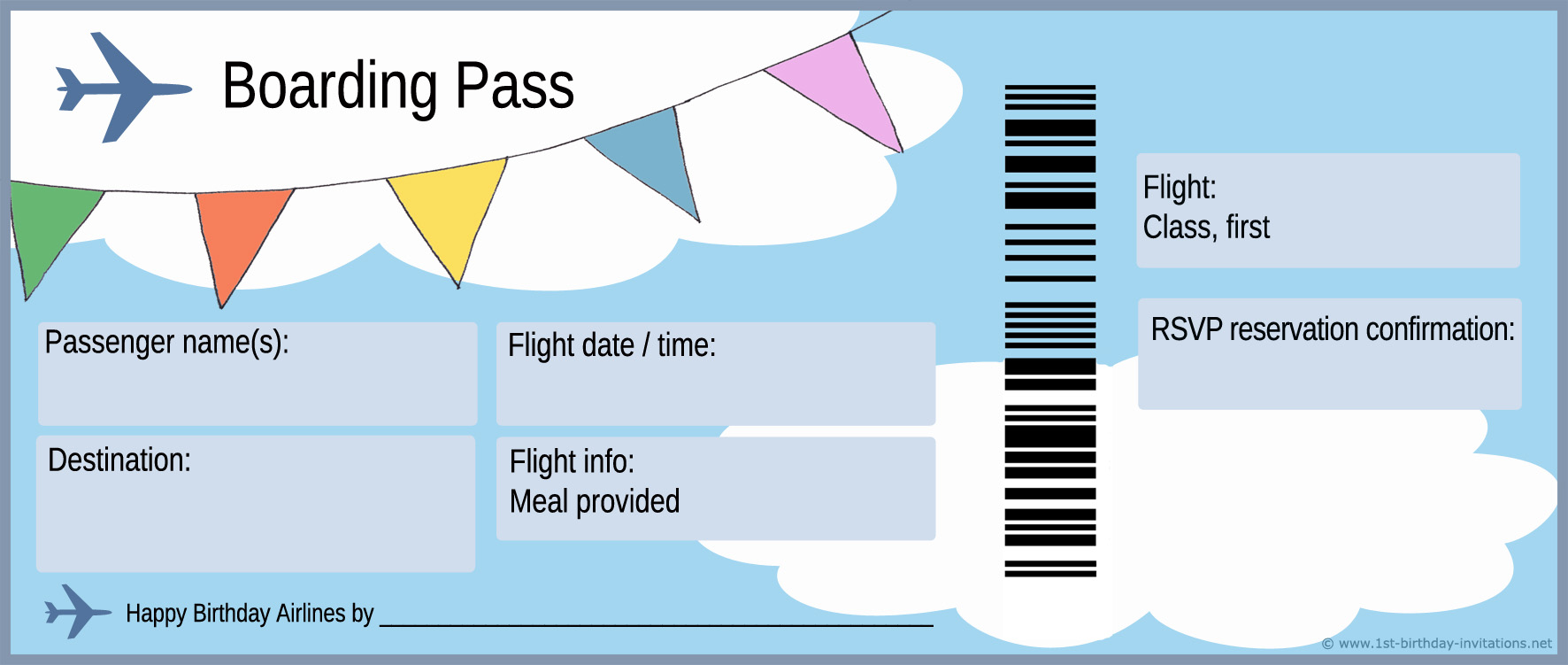 Plane Ticket And Boarding Pass For First Birthday Party Invitation