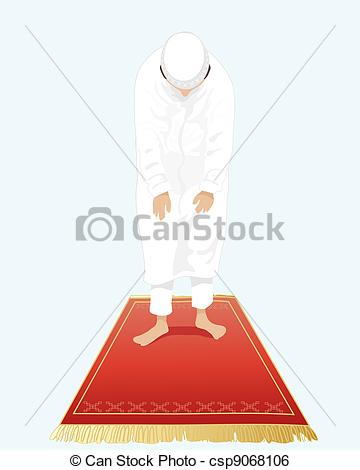 With Bowed Head Standing On A Prayer Mat With A Light Blue Background